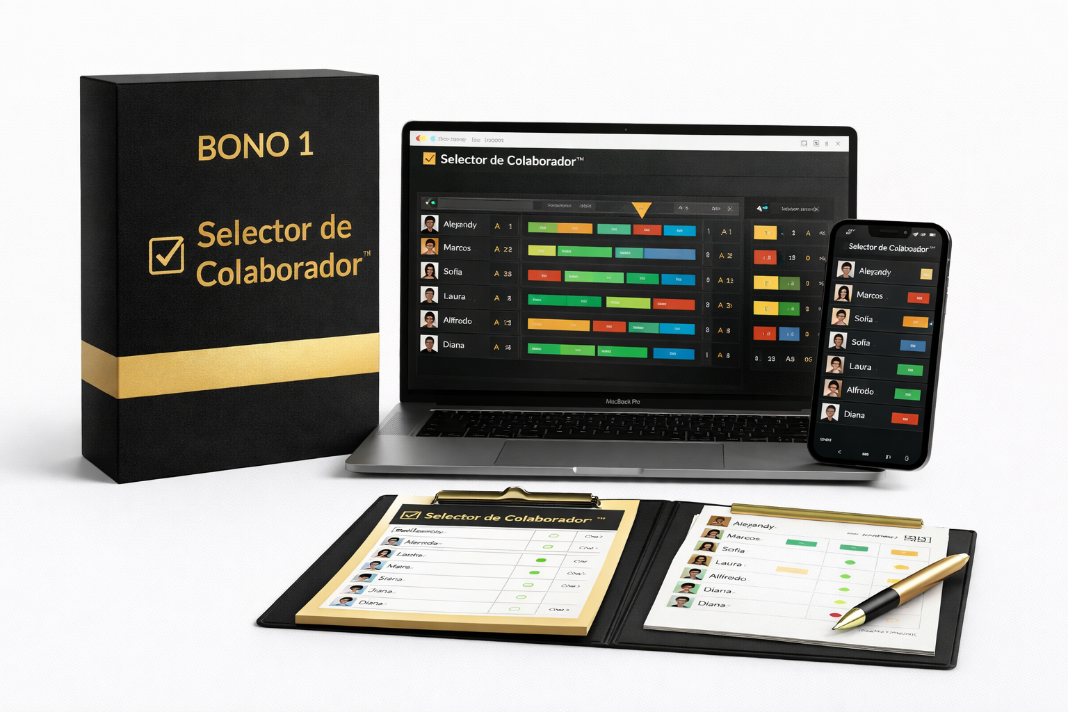 Vista del bono Selector de Colaborador con mockup en laptop, móvil y material impreso.