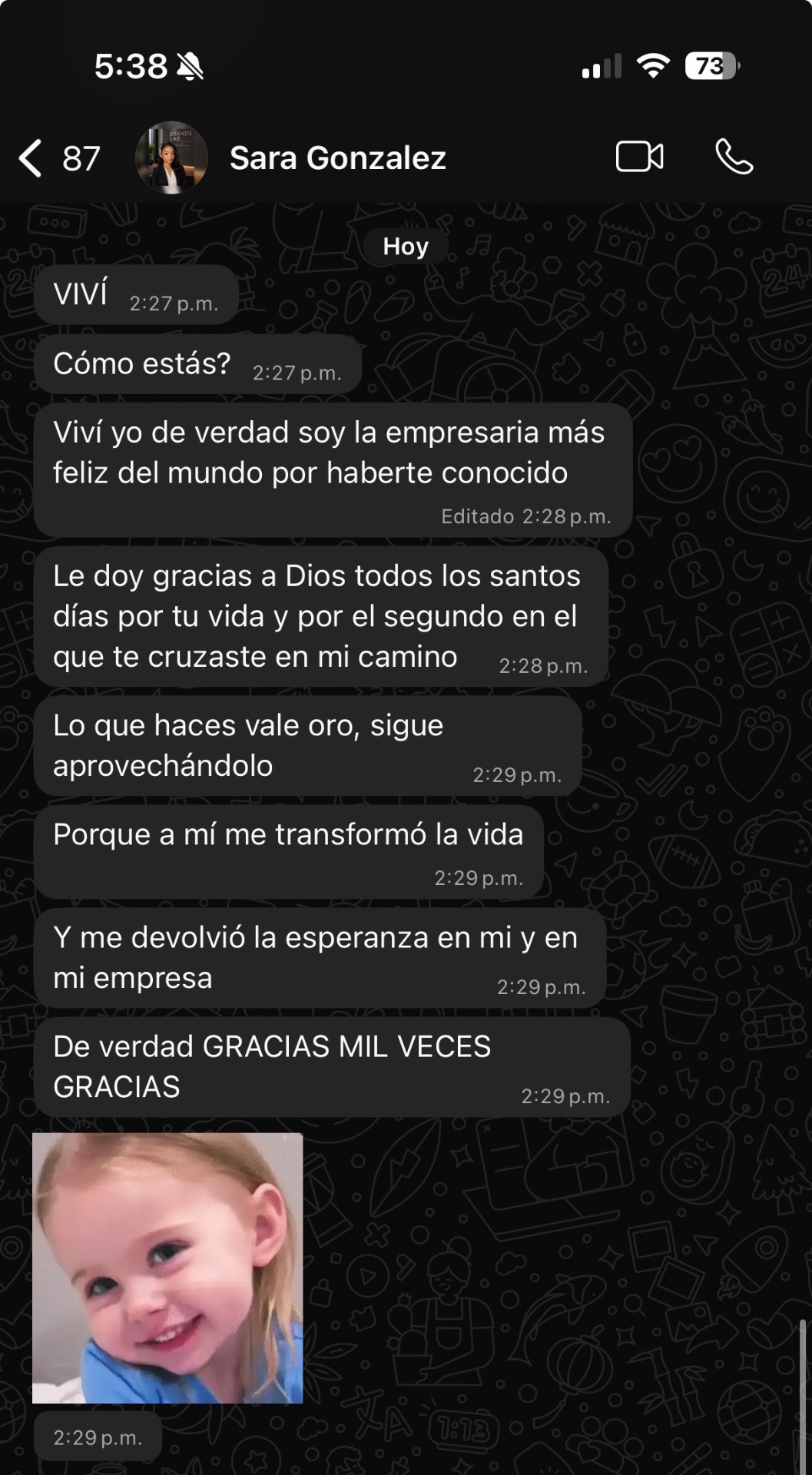 Captura real de un mensaje de WhatsApp de Sara Gonzalez agradeciendo el Método L.I.D.E.R.