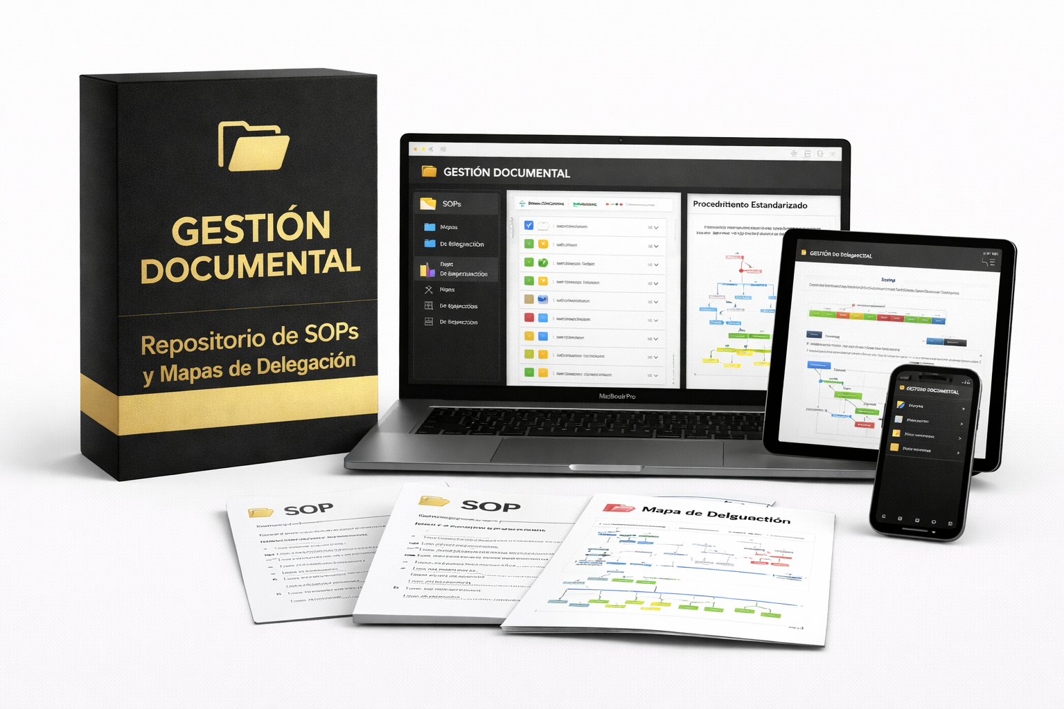 Vista del bono Gestión Documental con repositorio de SOPs y mapas de delegación.